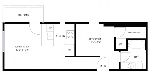 A floor plan of a small apartment with a living area, kitchen, bedroom, and bathroom.